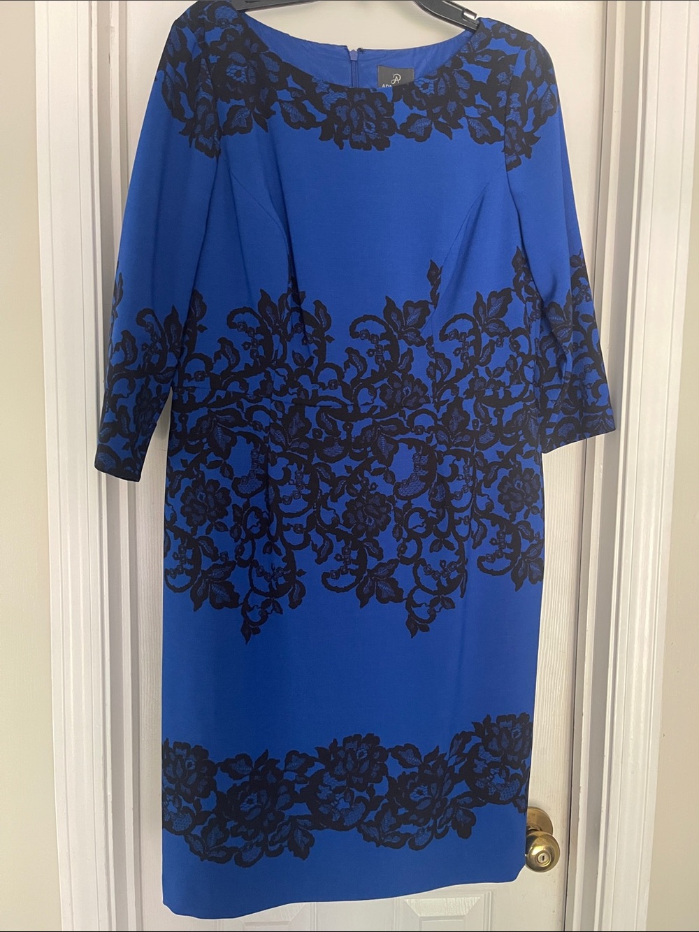Adrianna Papell Royal Blue Dress with Black Floral lace scroll